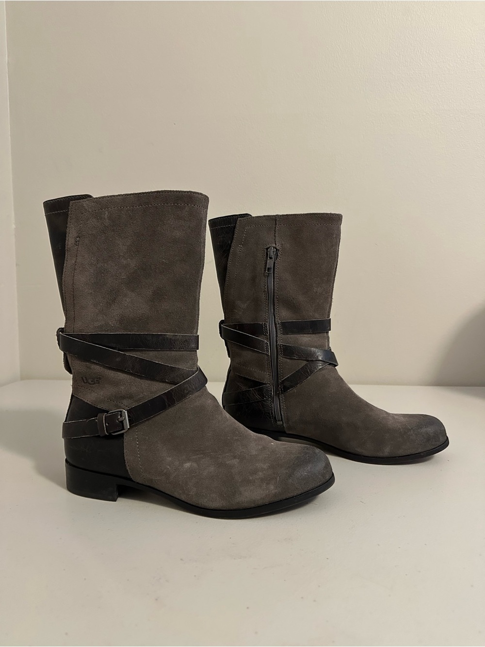 UGG Deanna Boots Suede Leather Wrap Strap Moto Women’s 7.5 Gray Grunge Punk